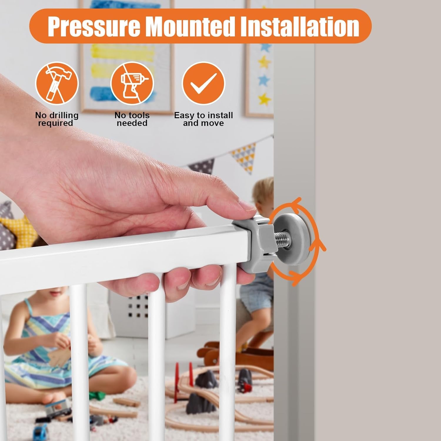 Keny 29"-42.5" Baby Gate for Stairs, Auto Close Safety Dog Gate, Pressure Mounted Easy Walk through Pet Gate for Doorways, Durable Safety Stair Gate, 30" Tall, White