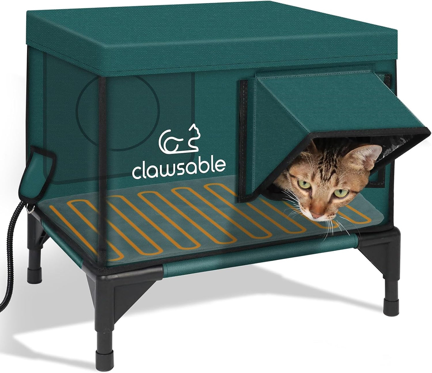 Clawsable Premium Heated Cat House for Outside in Winter, Elevated, 100% Waterproof, Safe Escape Door, Insulated Outdoor Feral Cat Shelter w/Heater for Stray Kitty