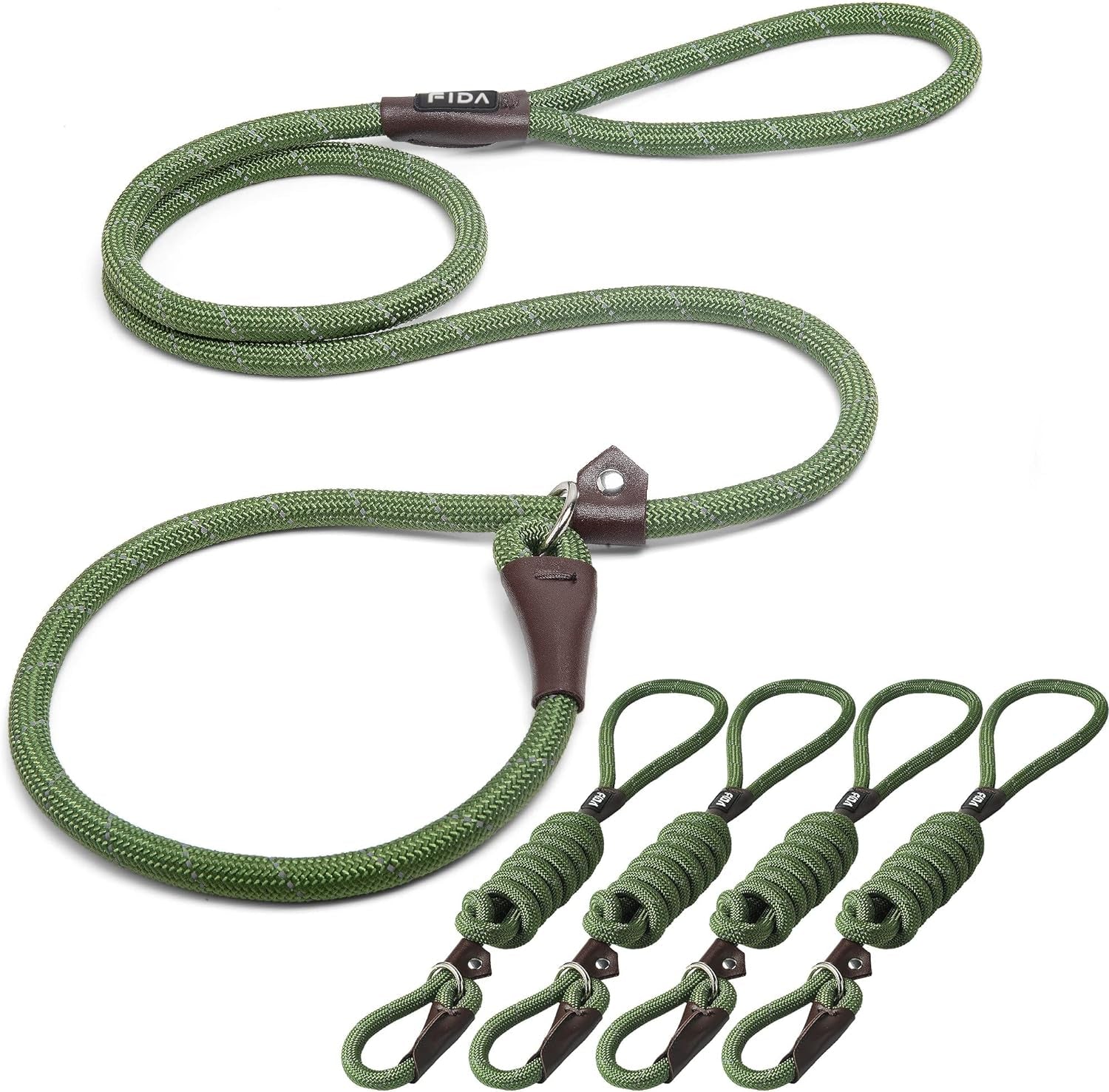 Fida Durable Slip Lead Dog Leash Bulk Pack of 5, Heavy Duty 1/2" X 6 FT Comfortable Strong Rope Slip Leash for Large, Medium & Small Dogs No Pulling Pet Training Leash with Highly Reflective (Green)