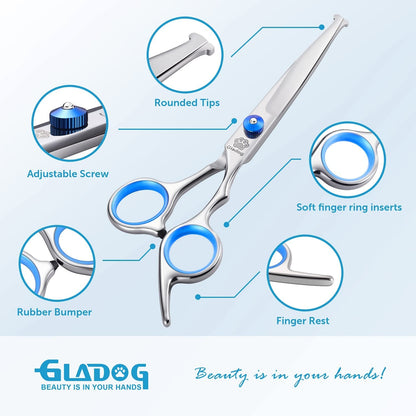 GLADOG Professional 5 in 1 Dog Grooming Scissors Set with Safety round Tips, Sharp and Heavy-Duty Pet Grooming Shears for Cats