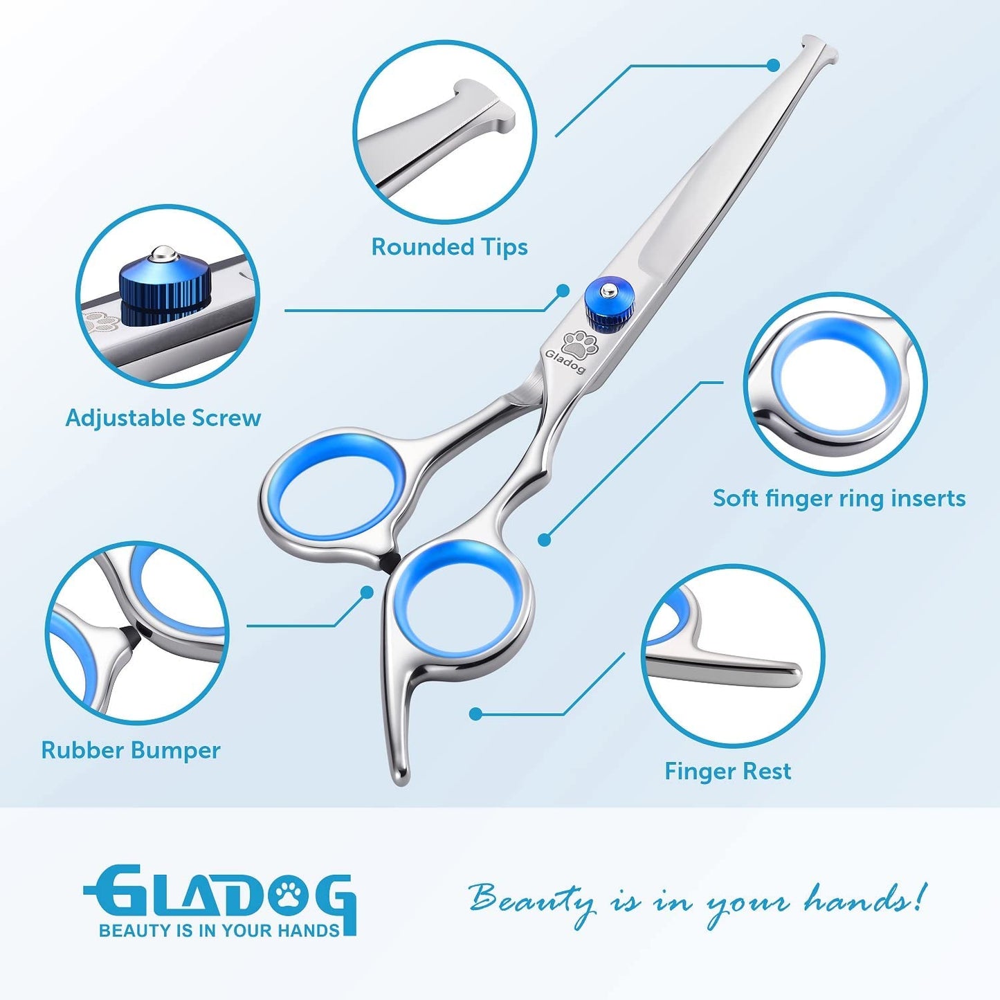 Dog Grooming Scissors Kit with Safety round Tips, GLADOG Professional 5 in 1 Grooming Scissors for Dog and Cat