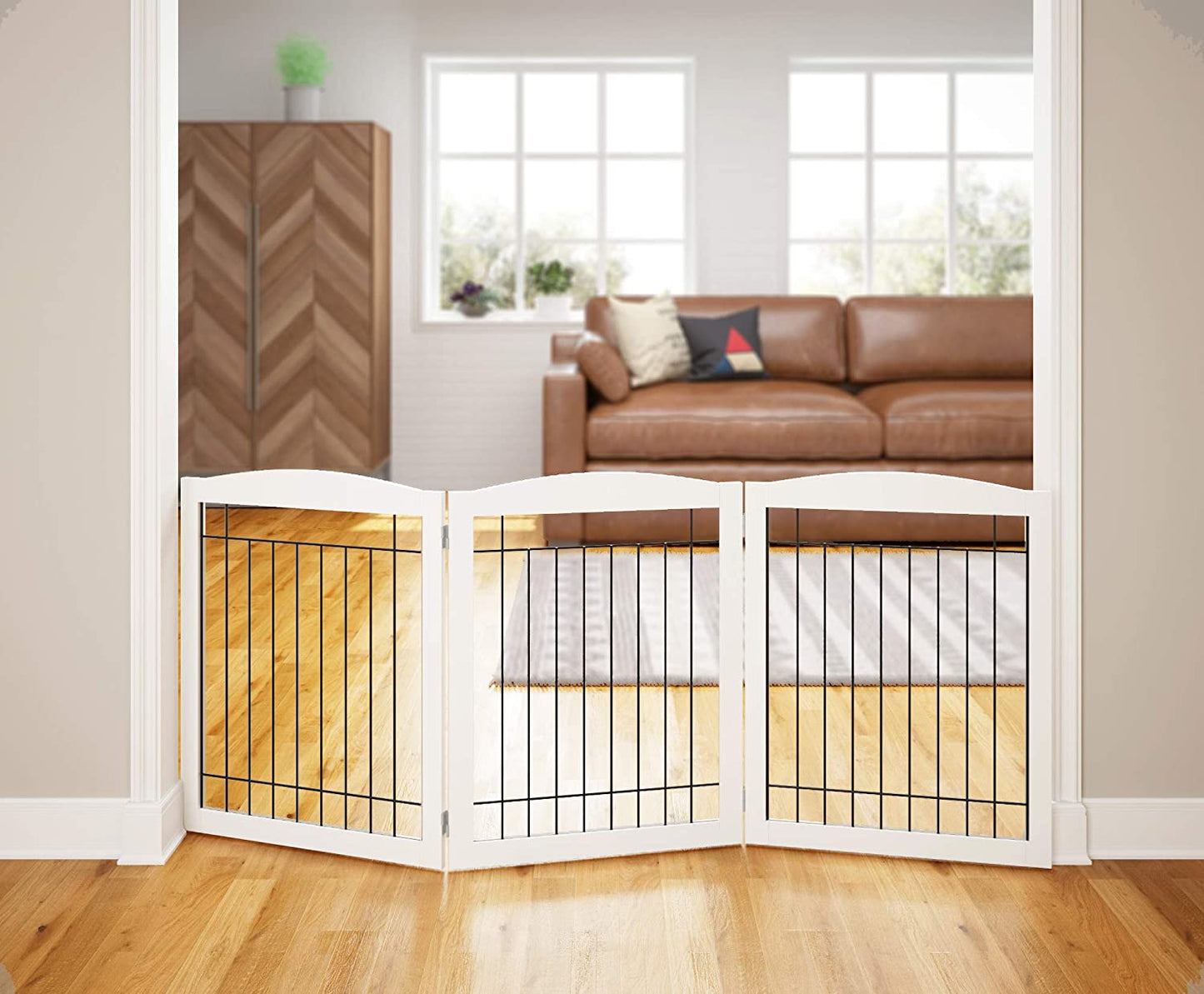 PAWLAND Extra Wide Dog Gate for the House, Doorway, Stairs, Freestanding Foldable Wire Pet Gate, Pet Puppy Safety Fence, 30" Height (White, 3 Panels)