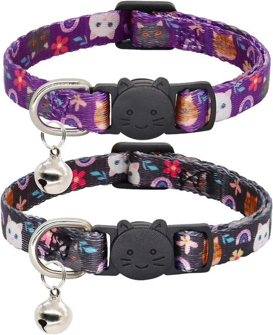 2 Pack Cat Collar Breakaway with Bells, Safety Buckle Kitten Collars for Boy and Girl Cats, Purple + Black Cat