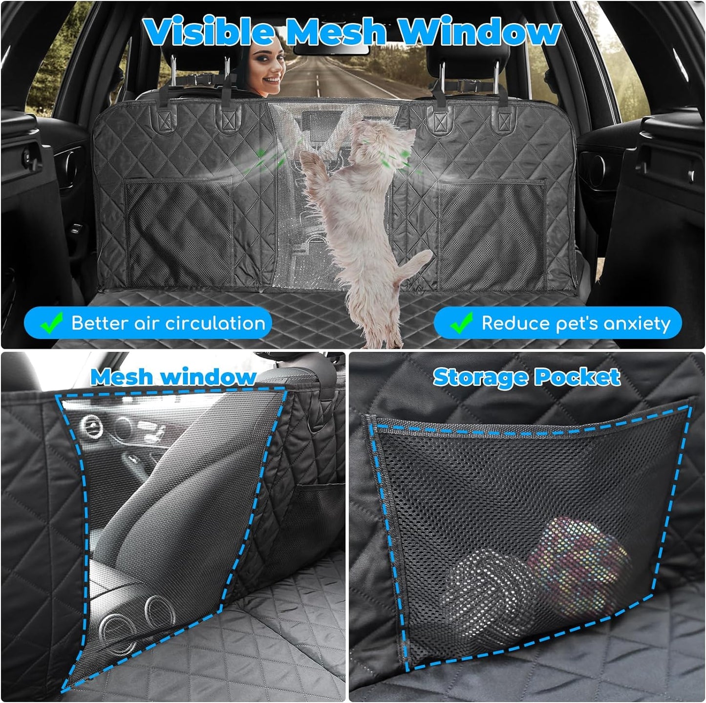 URPOWER Back Seat Extender for Dogs, Dog Car Seat Cover with Hard Bottom Dog Car Seat Bed Waterproof Dog Hammock for Car Pet Backseat Protector with Mesh Window and Storage Pocket for Car, SUV