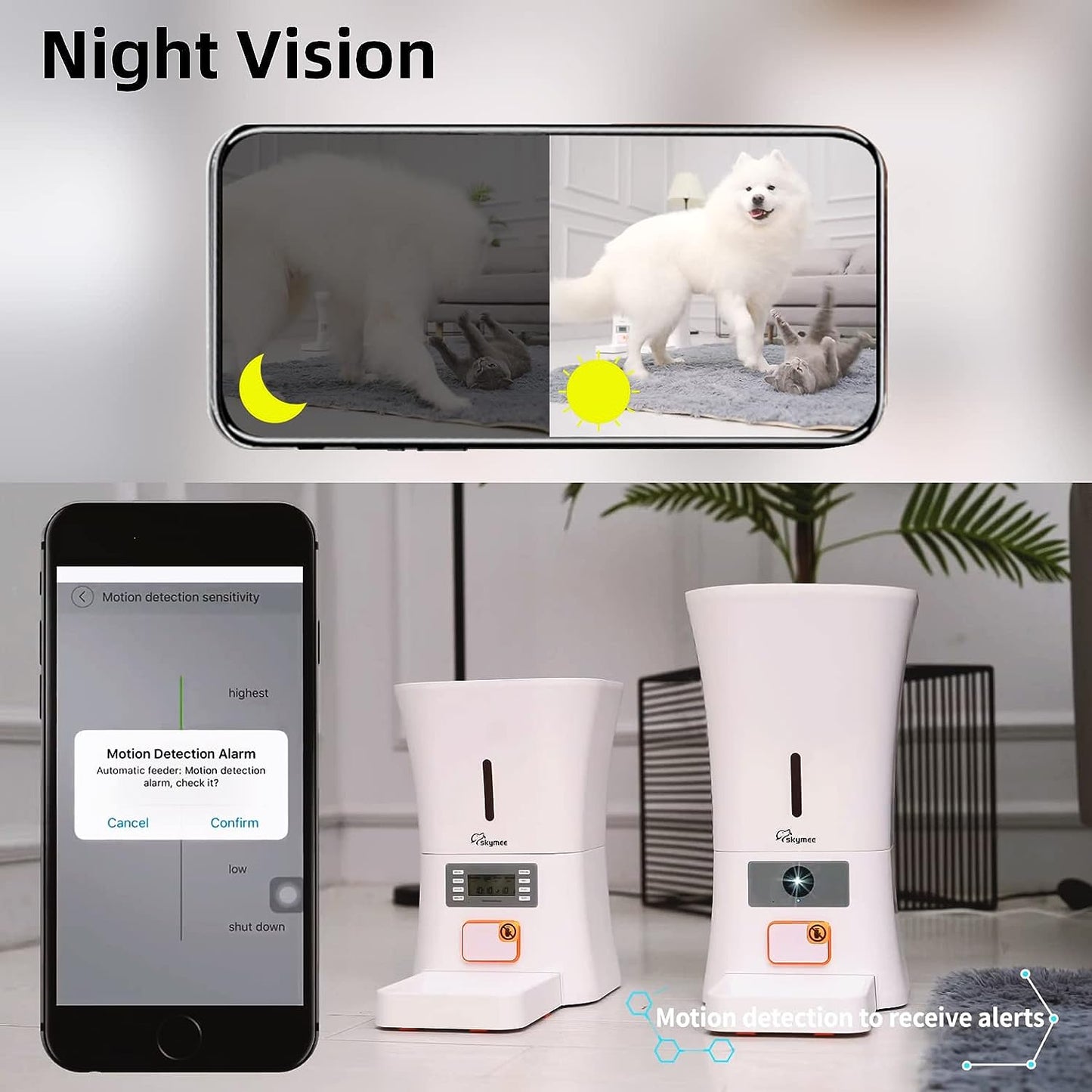 SKYMEE 8L/12L Smart Automatic Pet Feeder Food Dispenser for Cats & Dogs - 1080P Full HD Pet Camera Treat Dispenser with Night Vision and 2-Way Audio, Wi-Fi Enabled App for Iphone and Android