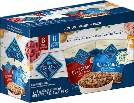 Blue Buffalo Delectables Natural Wet Dog Food Toppers Variety Pack, Tasty Chicken & Hearty Beef, Cuts in Gravy, 3-oz. (12 Pouches, 6 of Each Flavor)