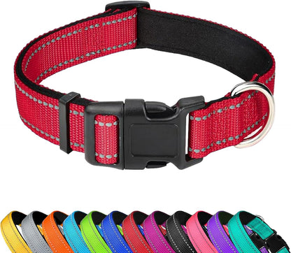 Reflective Dog Collar, Adjustable Soft Neoprene Padded Nylon Pet Collars with Buckle for Large Dogs, Red,L