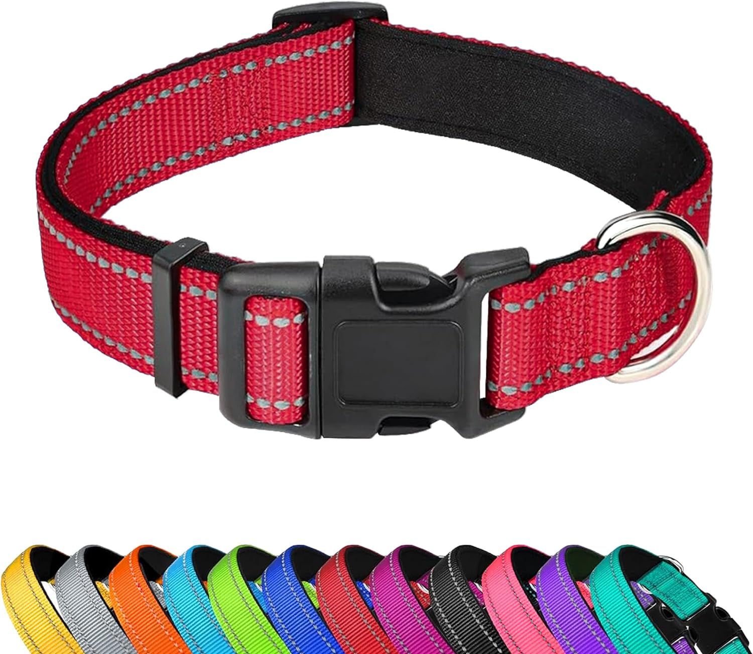 Reflective Dog Collar, Adjustable Soft Neoprene Padded Nylon Pet Collars with Buckle for Puppy and Small Dogs, Cats, Red,Xs