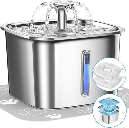 Veken Innovation Award Winner Stainless Steel Cat Water Fountain, 95Oz/2.8L Automatic Pet Fountain Dog Water Dispenser with Replacement Filters & Silicone Mat for Cats, Dogs, Multiple Pets (Silver)