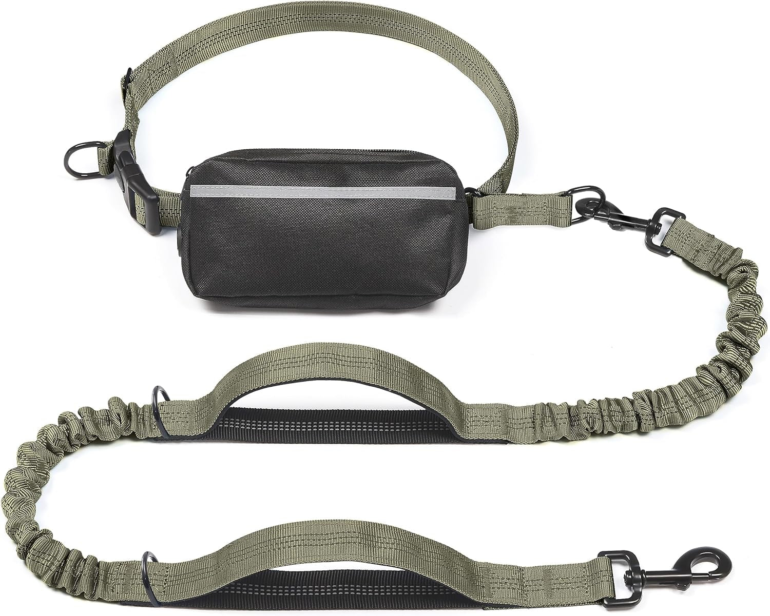 Iyoshop Hands Free Dog Leash with Zipper Pouch, Dual Padded Handles and Durable Bungee for Walking, Jogging and Running Your Dog (Large, 25-120 Lbs, Military Green)