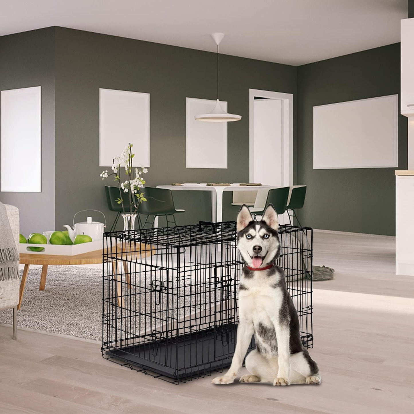 FDW Dog Crate Dog Cage Pet Crate for Large Dogs Folding Metal Pet Cage Double Door W/Divider Panel Indoor Outdoor Dog Kennel Leak-Proof Plastic Tray Wire Animal Cage (Black, 48 Inch)