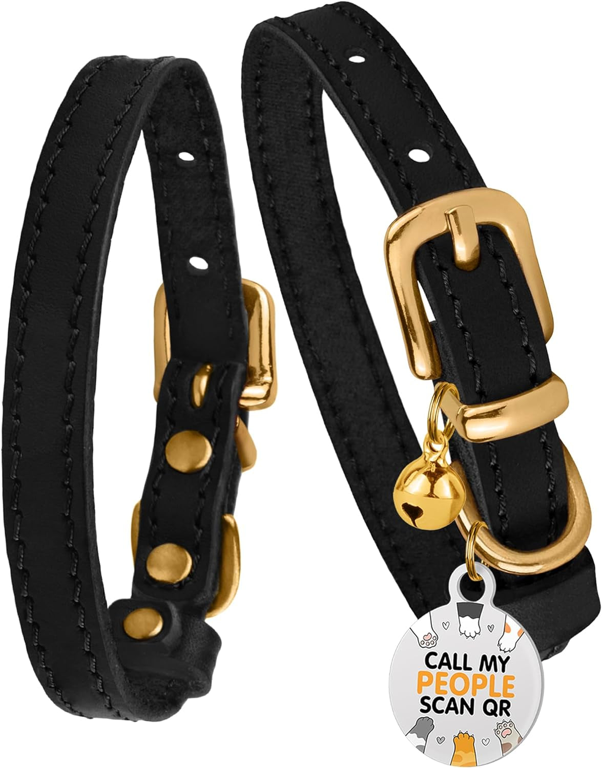 BRONZEDOG Leather Cat Collar with Bells Non Breakaway Kitten QR Tag for Girl Boy (7" - 9" for Cats, Black & Gold)