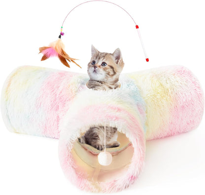 Plush Pet Cat Tunnel Tube Cat Toys 3 Way Collapsible, Cat Tunnels for Indoor Cats，Kitty Tunnel Bored Cat Pet Toys Peek Hole Toy Ball Cat, Puppy, Kitty, Kitten, Rabbit Rainbow