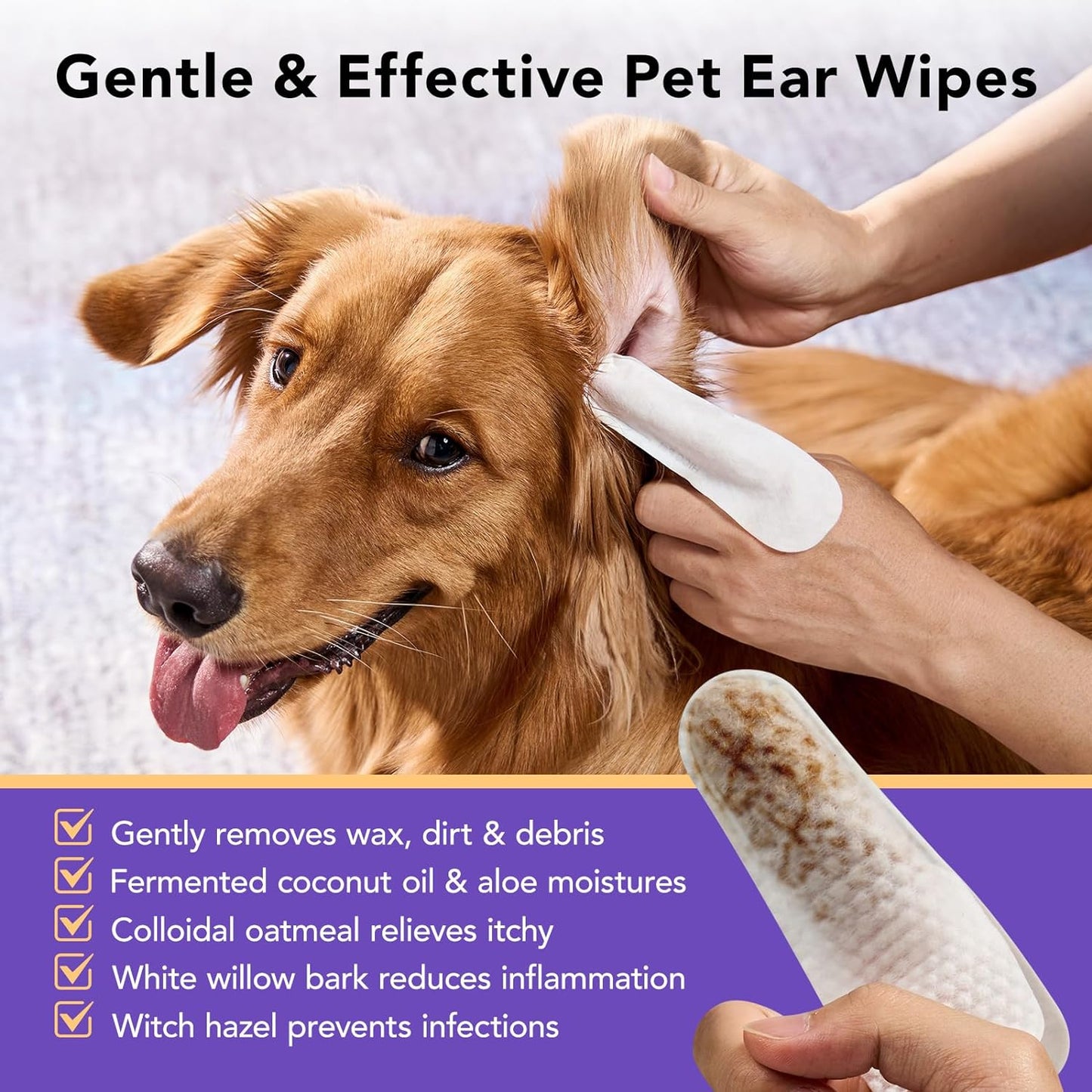 Ear Finger Wipes for Dogs & Cats - Gently Remove Ear Wax, Debris - Sooths & Deodorizes - Relieve Ear Itching & Inflammation, Fresh Coconut Scent, All Natural Ingredients - 100 Count