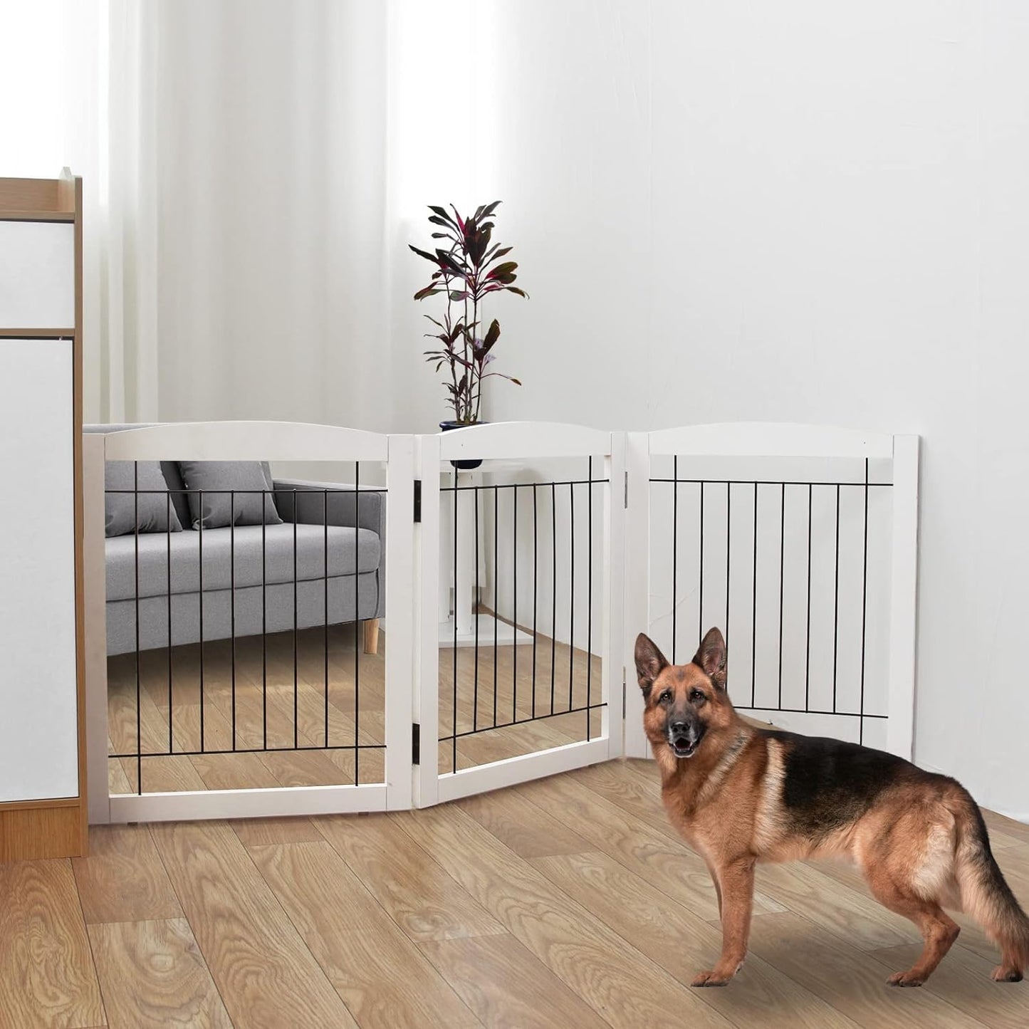 Foldable Indoor Dog Gate for House Freestanding Dog Gates with Door Walk through Wooden Extra Wide White Indoor Puppy Gate 4 Panels Tall Pet Gate Dog Fence 24''H