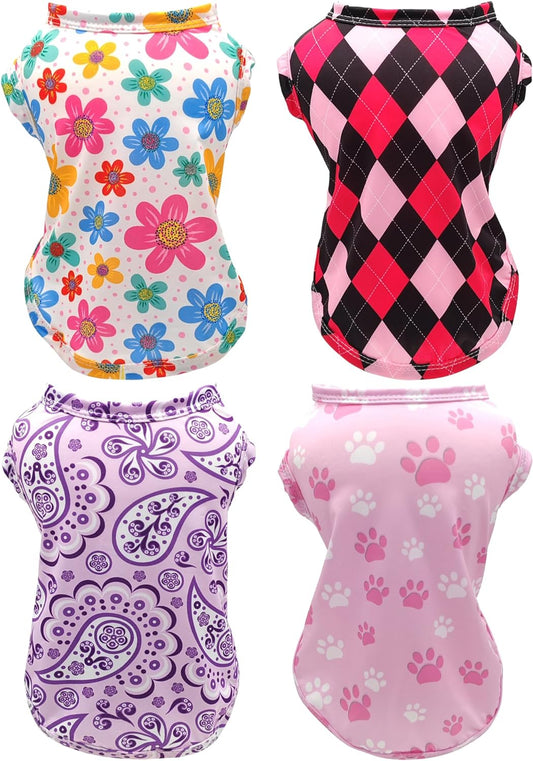 PET SHOW 4 Pack Cooling Dog Shirts Puppy Summer Clothes Paisley Vest Paw Printed Sleeveless Cats Doggies Floral T-Shirts Plaid Tank Top Tee for Small Medium Dogs (L, Pink for Girls)