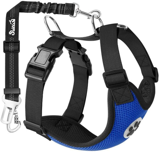 Slowton Dog Seat Belt Harness for Car, Dog Car Harness Adjustable Mesh Breathable & Dog Seatbelt Safety Tether with Elastic Bungee for Small Medium Large Pets(Blue, Double Clip, XXXS)