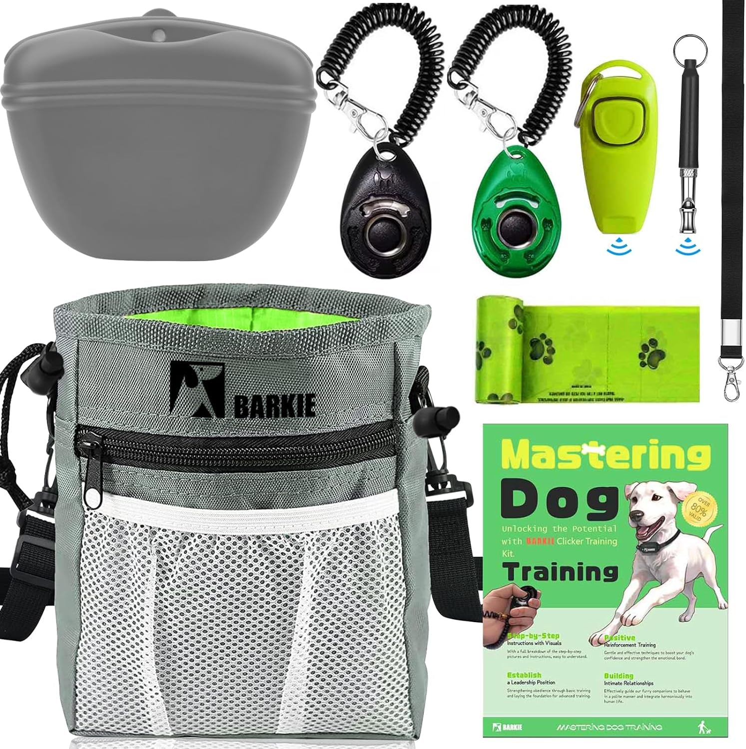 BARKIE Dog Training Kit - Treat Pouch, Pet Training Fanny Pack, 2 Puppy Training Clickers, Ultrasonic Silent Whistle, 2-In-1 Whistle Clicker, Clicker Training Guide Booklet, Dog Poop Bag (Black)