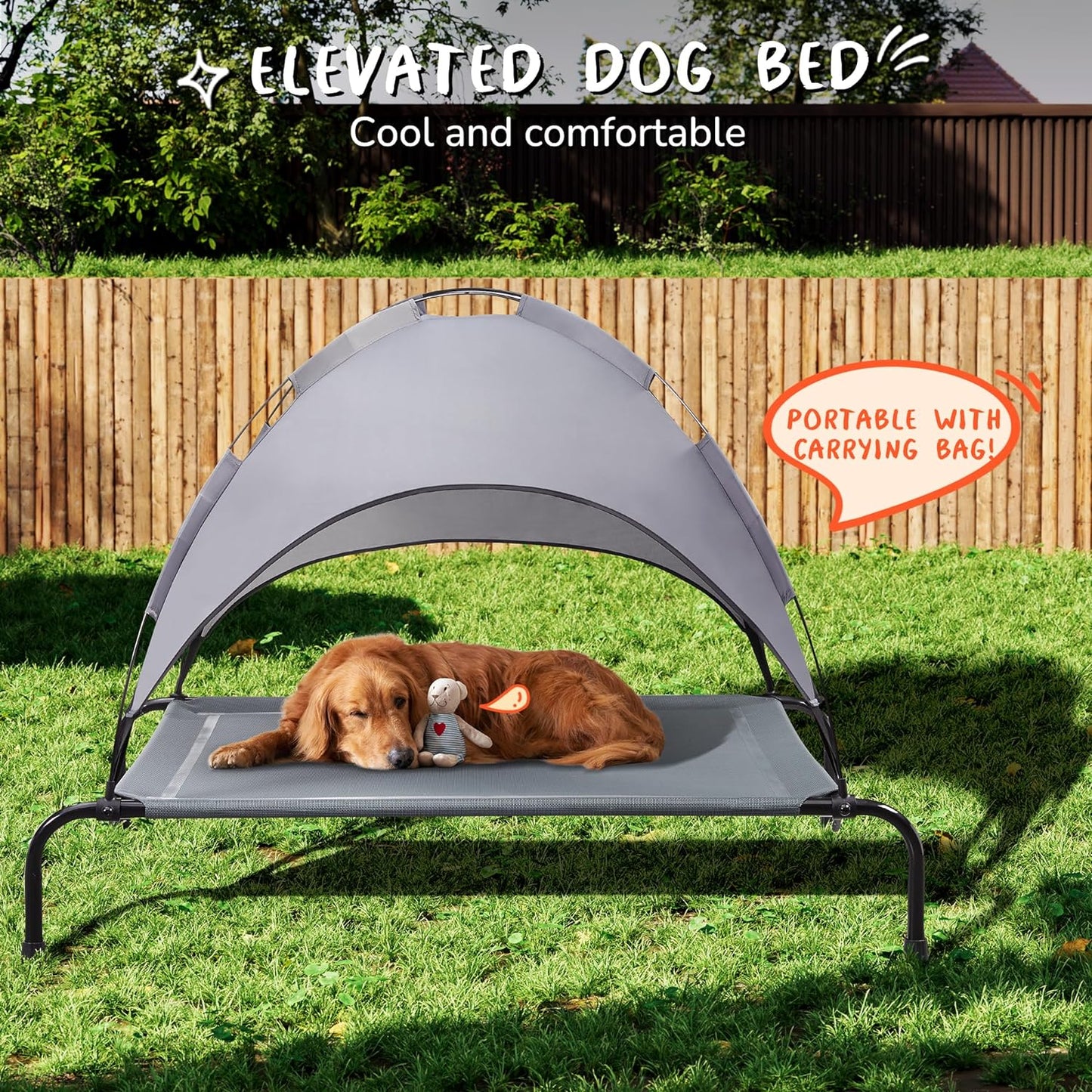 PRAISUN Outdoor Dog Bed with Canopy, XL Elevated Dog Bed, Dog Cot, Pet Bed with Oxford Fabric, Textilene Mesh, Carrying Bag, Cooling and Portable, for Indoors, Outdoors, Beach, Brown