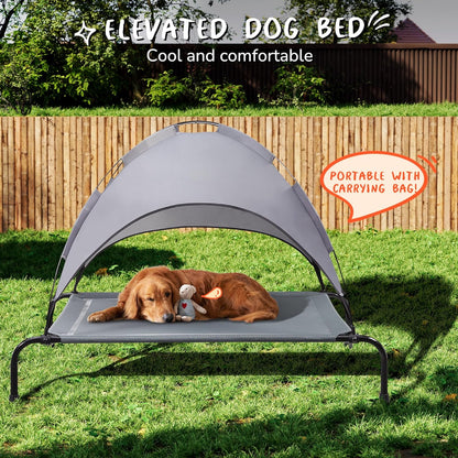 PRAISUN Outdoor Dog Bed with Canopy, XL Elevated Dog Bed, Dog Cot, Pet Bed with Oxford Fabric, Textilene Mesh, Carrying Bag, Cooling and Portable, for Indoors, Outdoors, Beach, Brown