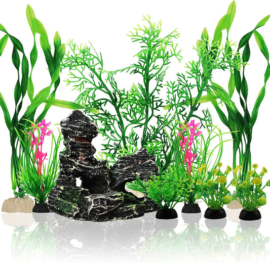 Fish Tank Accessories Aquarium Decorations Plants, 9pcs Green Fish Tank Decorations Plants and Cave Rock Decoration Decor Set, Aquarium Decor Plastic Plants