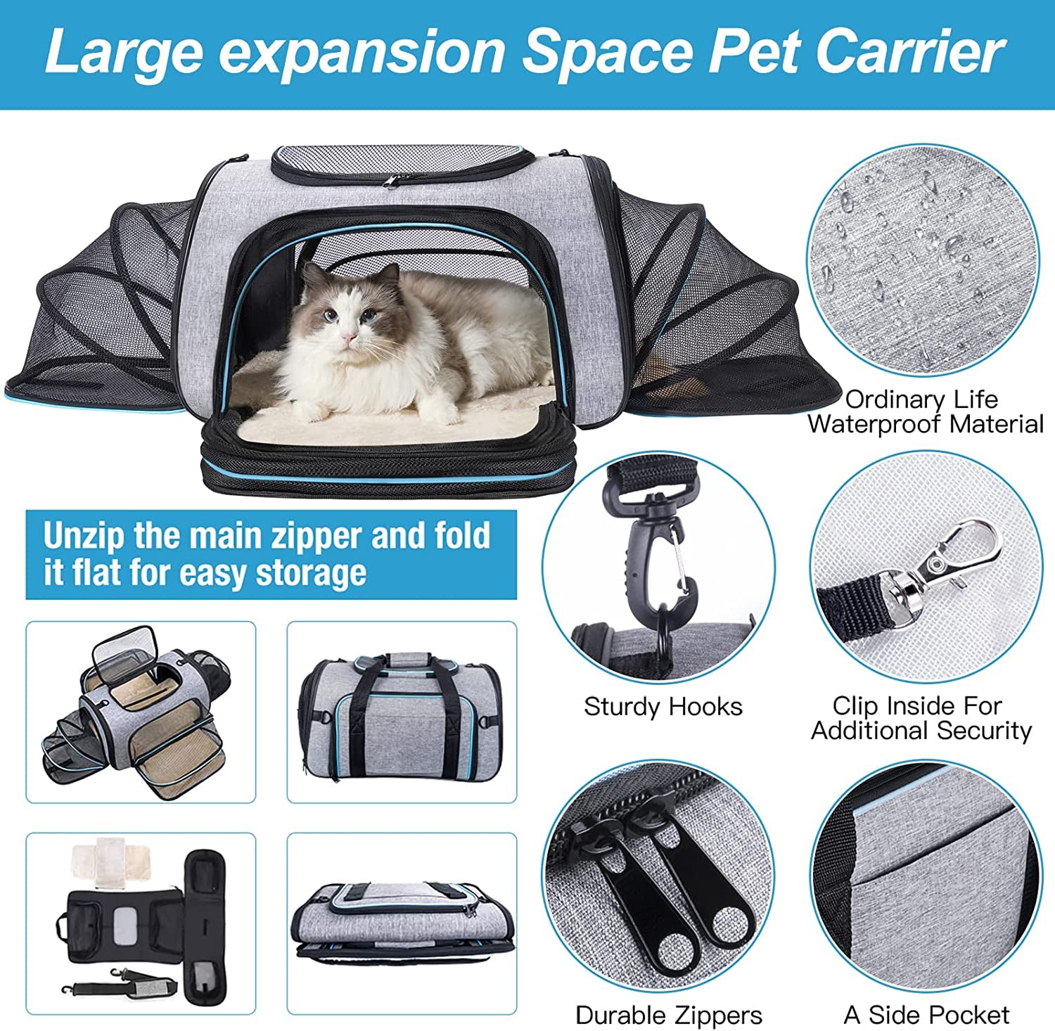 Siivton 4 Way Expandable Pet Carrier, Airline Approved Collapsible Cat Soft-Sided Carriers W/Removable Fleece Pad for Cats, Puppy, Small Dogs (18"X 11"X 11")