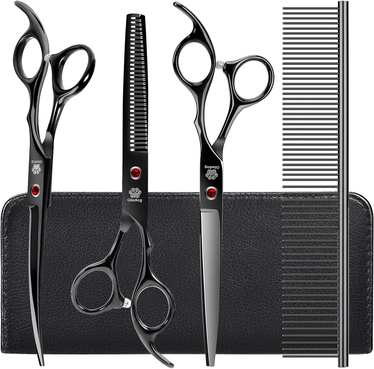 Dog Grooming Scissors Kit with Safety round Tips, GLADOG Professional 5 in 1 Grooming Scissors for Dog and Cat