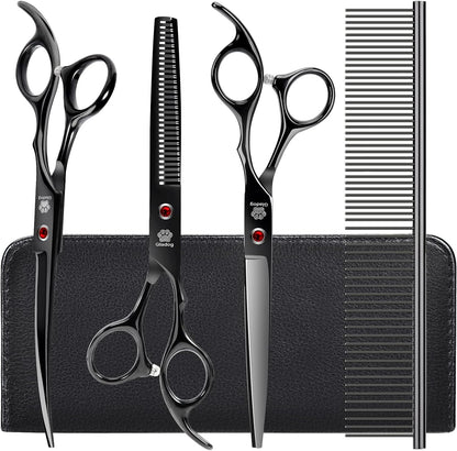 Dog Grooming Scissors Kit with Safety round Tips, GLADOG Professional 5 in 1 Grooming Scissors for Dog and Cat