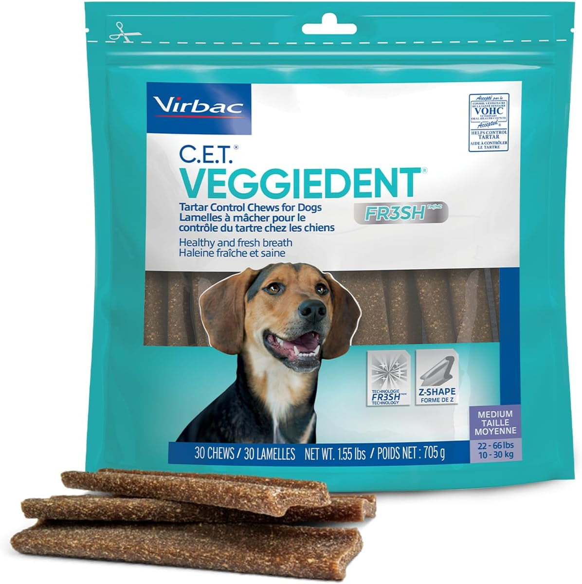 Virbac CET Veggiedent FR3SH Tartar Control Chews for Large Dogs over 66 Pounds, Plant-Based Formula, 30 Count Bag