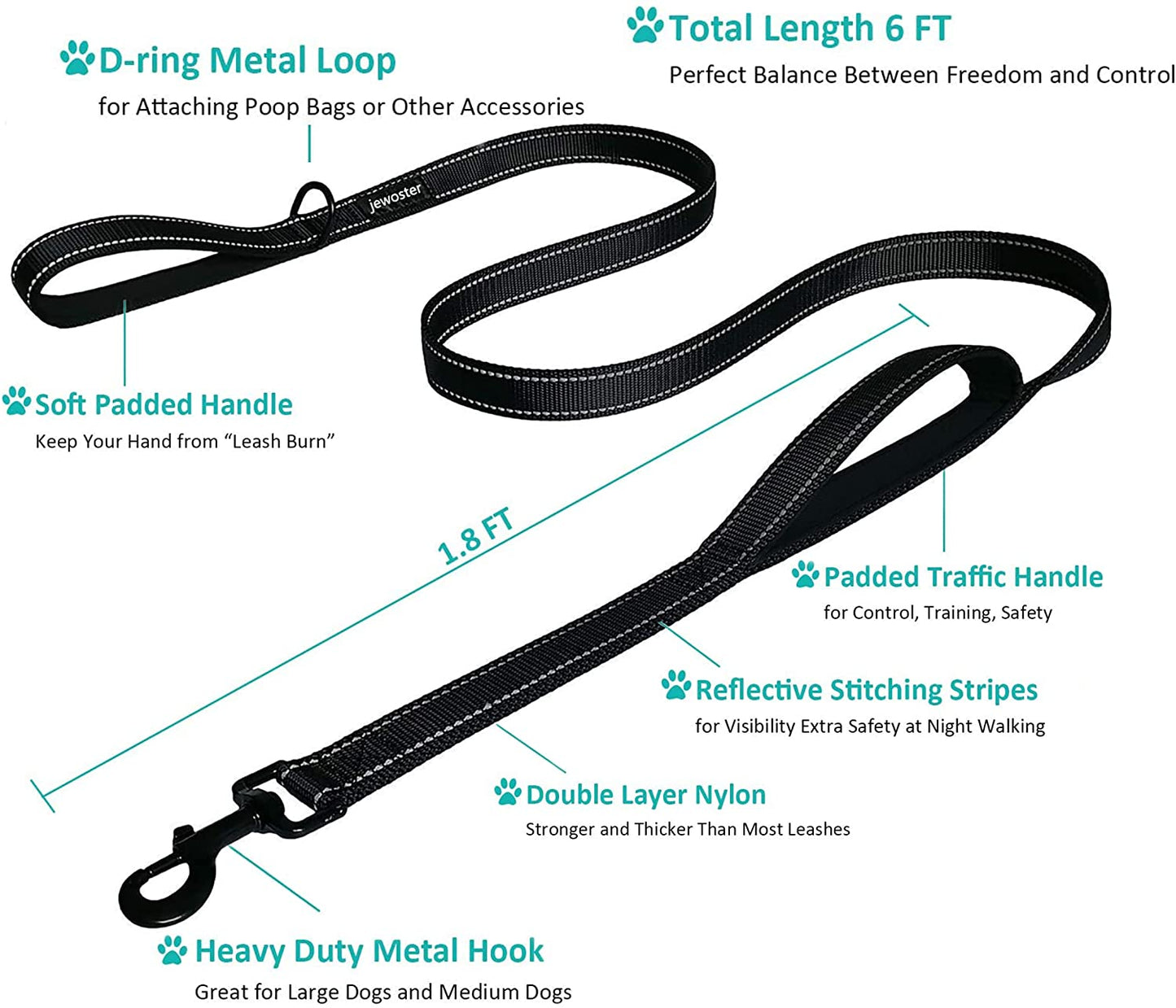 Dog Leash Heavy Duty - 2 Handles by Padded Traffic Handle for Extra Control, 6Foot Long - Perfect for Medium to Large Dogs (6 Ft, Black Blue)