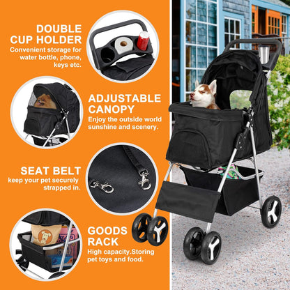 Nova Microdermabrasion Pet Stroller 4 Wheels Dog Cat Stroller for Small Medium Dogs Cats Foldable Puppy Stroller with Storage Basket and Cup Holder