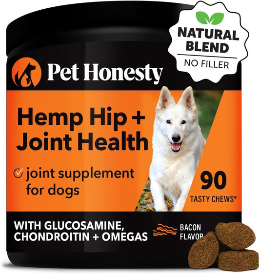 Pet Honesty Hemp Hip & Joint Supplement for Dogs - Hemp Oil & Hemp Powder - Glucosamine Chondroitin for Dogs, Turmeric, MSM, Green-Lipped Mussel, Supports Mobility, May Reduce Discomfort (Bacon)