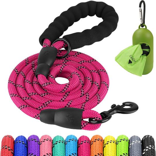 Joytale 6/5/4 FT Leashes for Large Medium Breed Dogs, Heavy Duty Nylon Braided Rope Dog Leash, Comfortable Padded Handle Strong Leashes with Poop Bags and Dispenser, Hotpink, 6'×1/2''