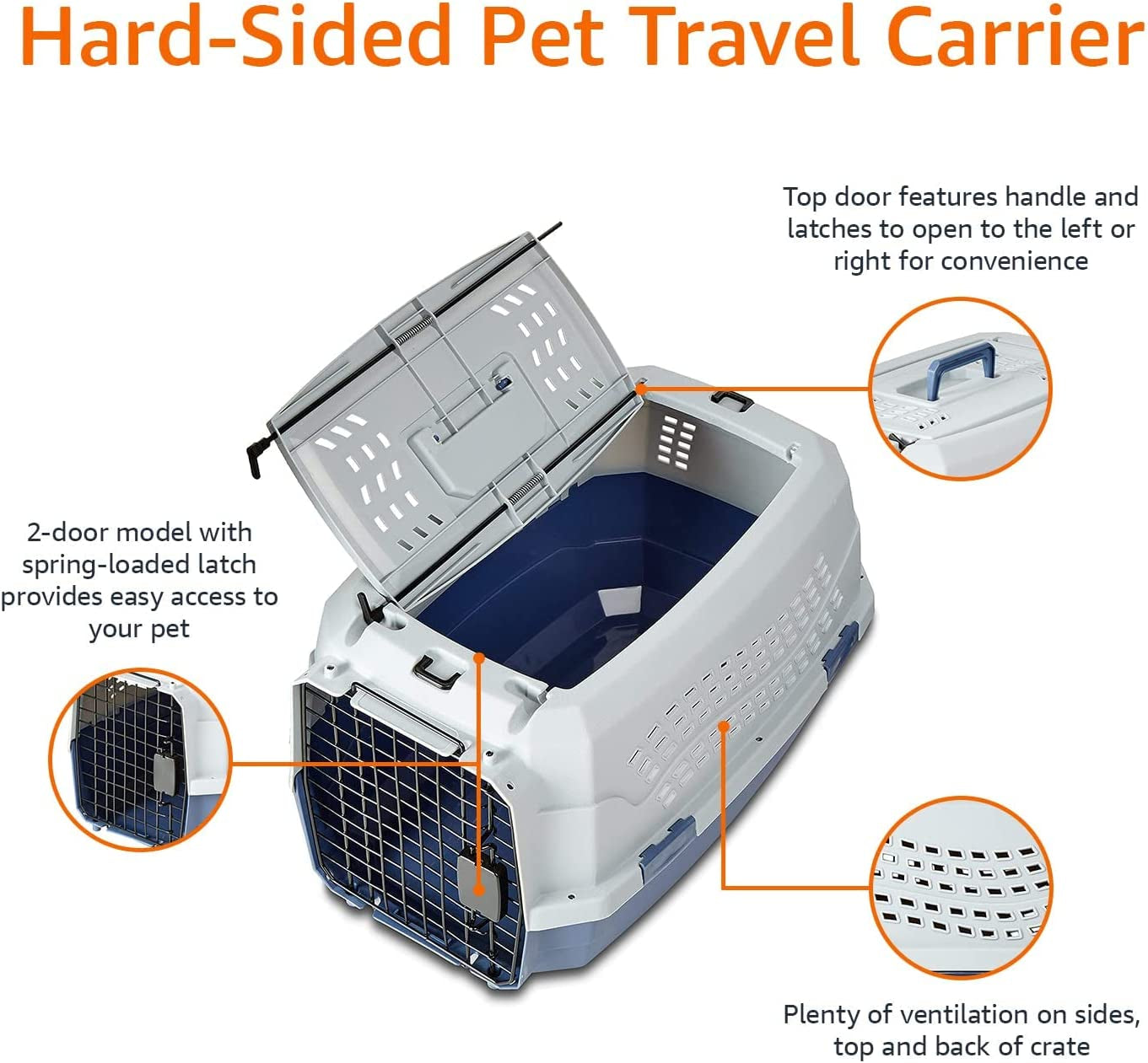 Amazon Basics - 2-Door Top-Load Hard-Sided Dogs, Cats Pet Travel Carrier, Gray & Blue, 22.8"L X 15.0"W X 13.0"H