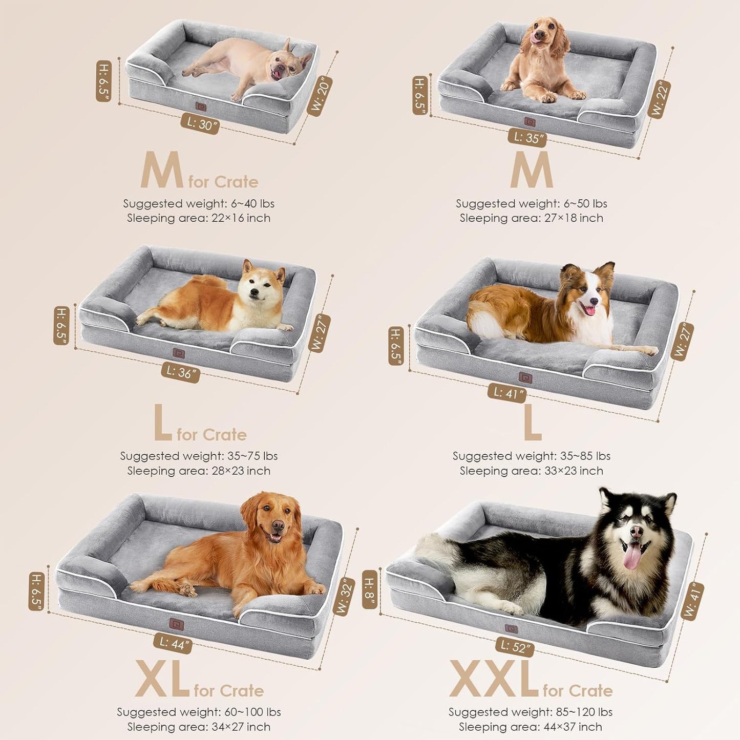 EHEYCIGA Orthopedic Dog Bed for Medium Dogs, Waterproof Memory Foam Medium Dog Beds with Sides, Non-Slip Bottom and Egg-Crate Foam Medium Dog Couch Bed with Washable Removable Cover, Beige