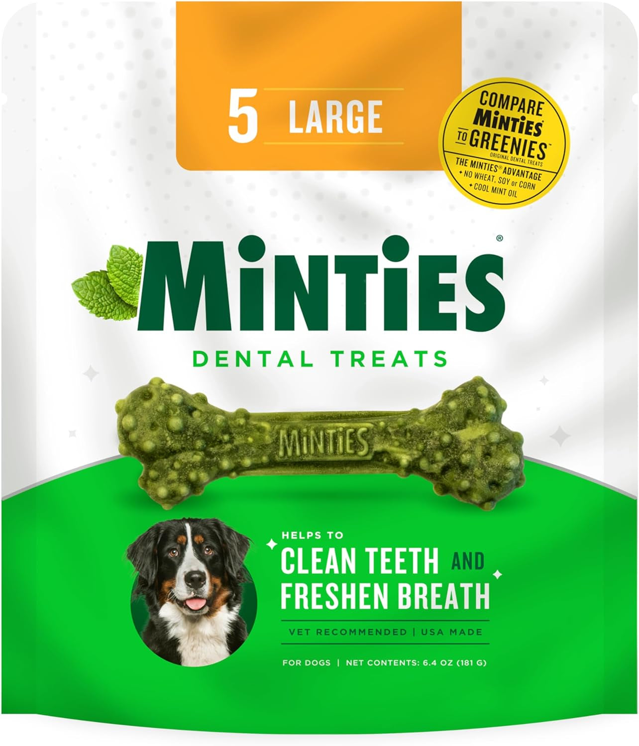 Minties Dental Chews for Dogs, 5 Count, Vet-Recommended Mint-Flavored Dental Treats for Large Dogs over 50 Lbs, Dental Bones Clean Teeth, Fight Bad Breath, and Removes Plaque and Tartar