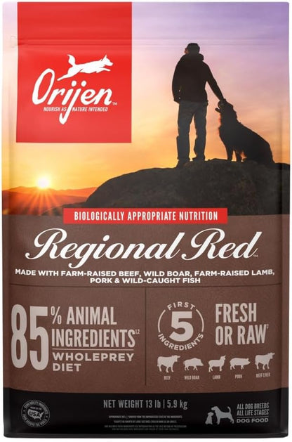 ORIJEN REGIONAL RED Dry Dog Food, Grain Free and Poultry Free Dog Food, Fresh or Raw Ingredients, 13Lb