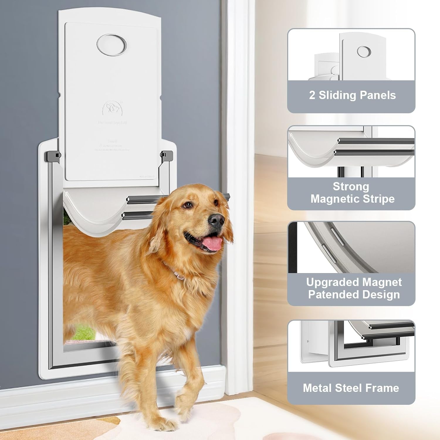 Steel Dog Door for Wall, Energy Efficient Pet Door, Telescoping Tunnel and Steel Frame, Double Magnetic Flaps and Two Sliding Lock Panels, Easy to Install, White, Large