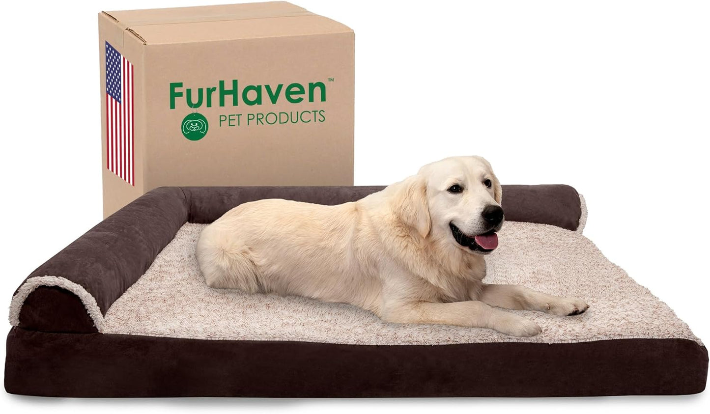 Furhaven Memory Foam Dog Bed for Large Dogs W/ Removable Bolsters & Washable Cover, for Dogs up to 125 Lbs - Two-Tone Plush Faux Fur & Suede L Shaped Chaise - Espresso, Jumbo Plus/Xxl