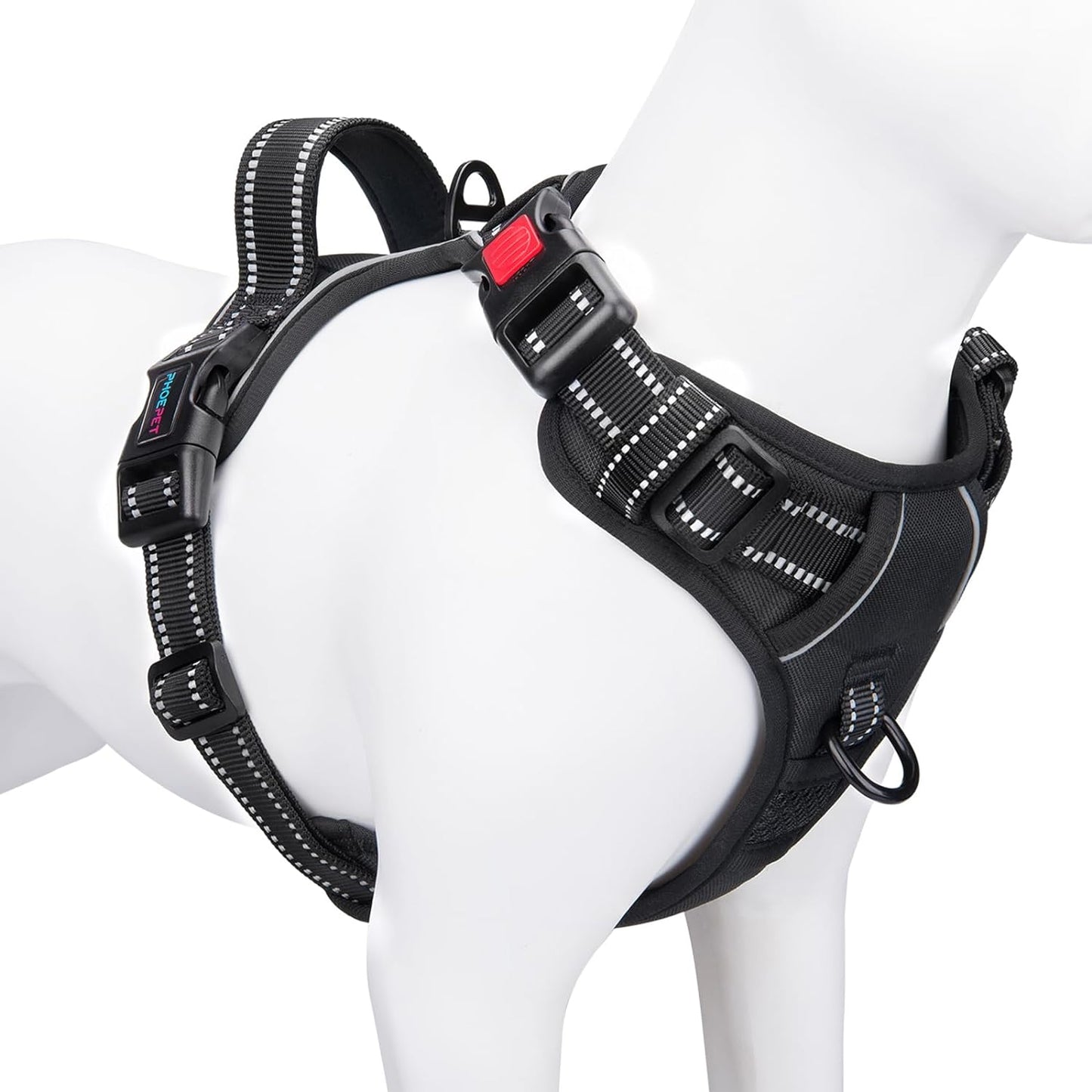 PHOEPET Reflective Dog Harness Large Breed Adjustable No Pull Vest with Handle 2 Metal Rings 3 Buckles [Easy to Put on & Take Off](Xl, Black)