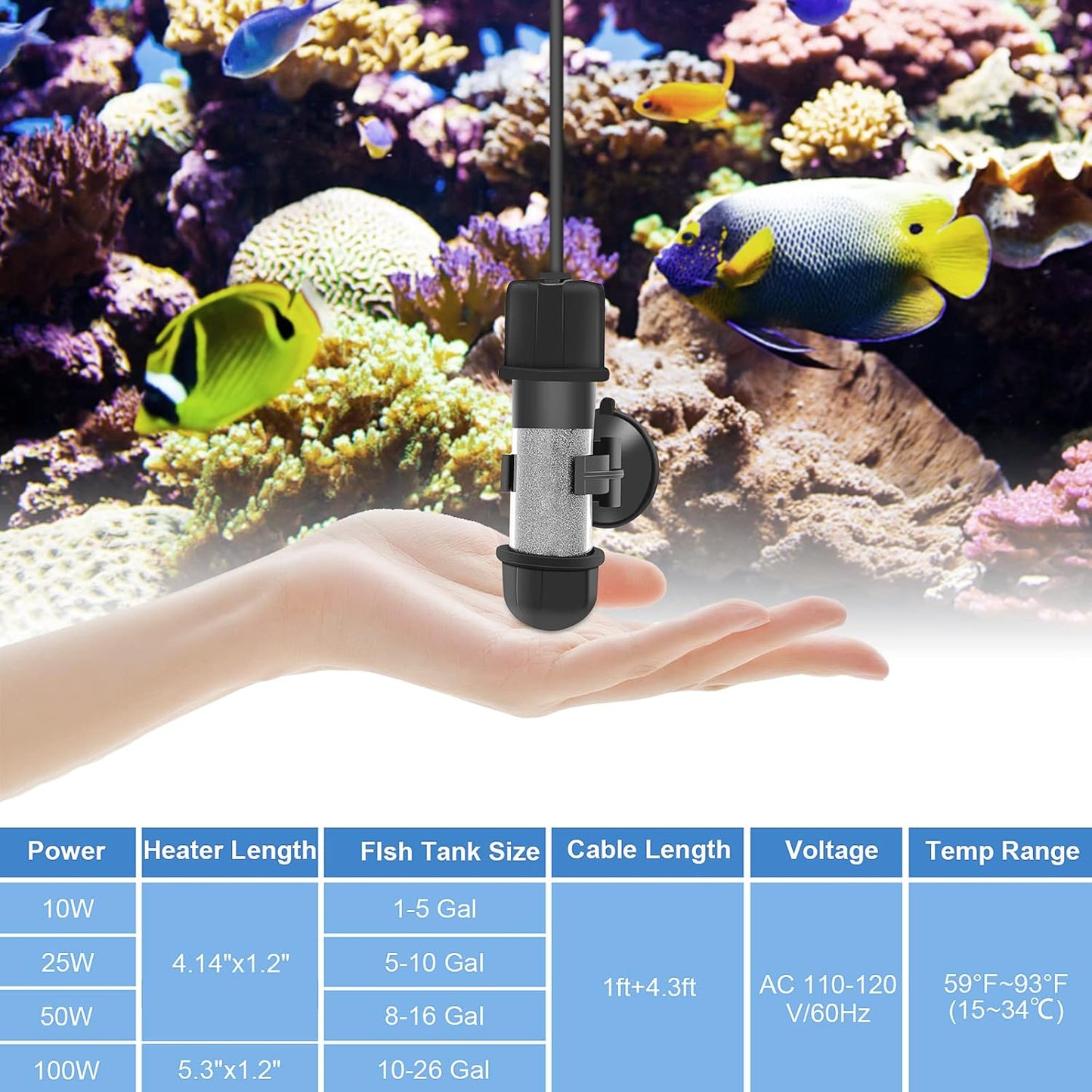 hygger Small Aquarium Betta Heater, Submersible Fish Tahk Heater 10W/25W/50W/100W with LED Digital Display, Suitable for Marine Saltwater and Freshwater up to 5/10/16/26 Gallon