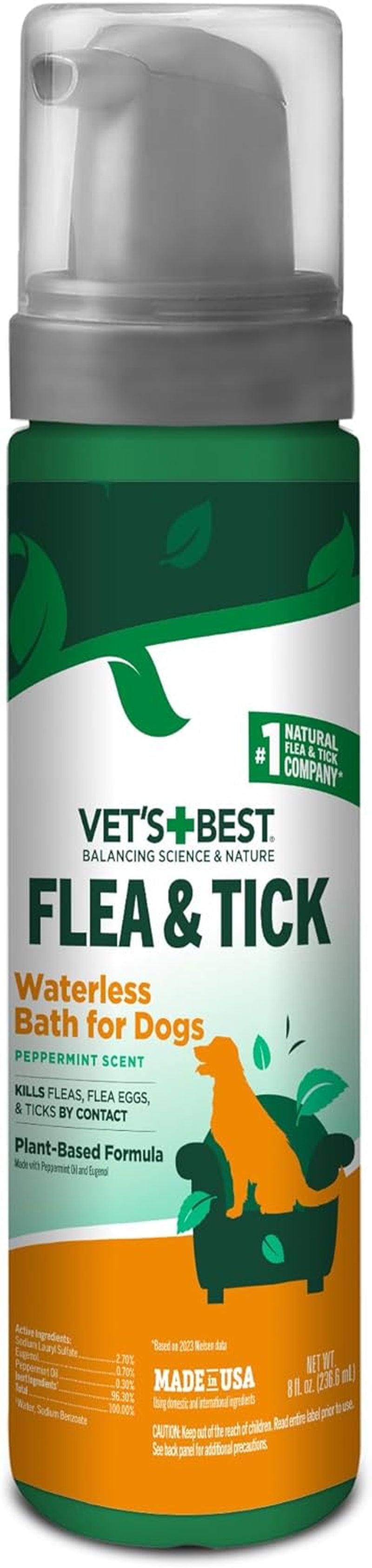 Vet'S Best Flea & Tick Waterless Bath Foam for Dogs - Flea-Killing Dry Shampoo for Dogs - Plant-Based Ingredients - Certified Natural Oils - 8 Oz