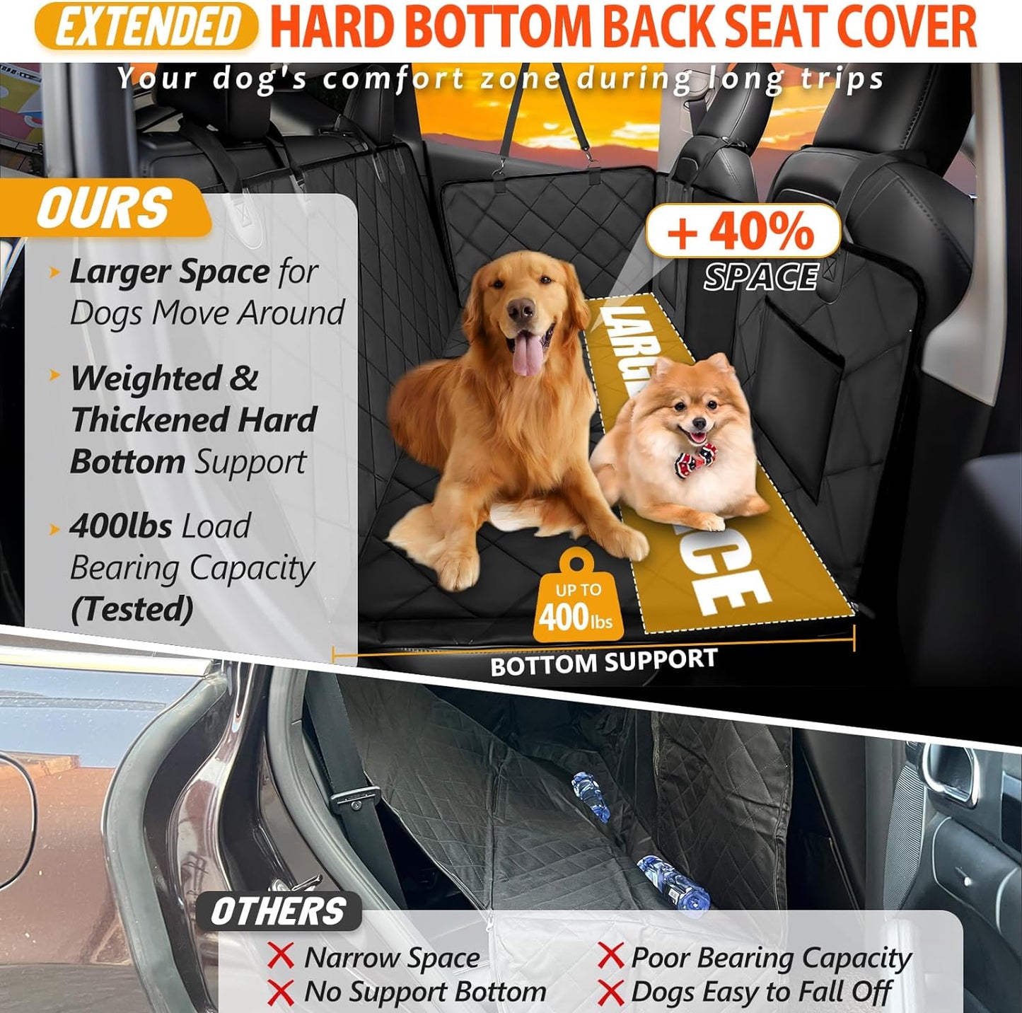 Back Seat Extender for Dogs Truck-Large Space, Truck Dog Seat Cover Back Seat Hard Bottom Holds 400Lbs, Sturdy Pet Seat Covers for Trucks, Waterproof Backseat Dog Hammock for Truck