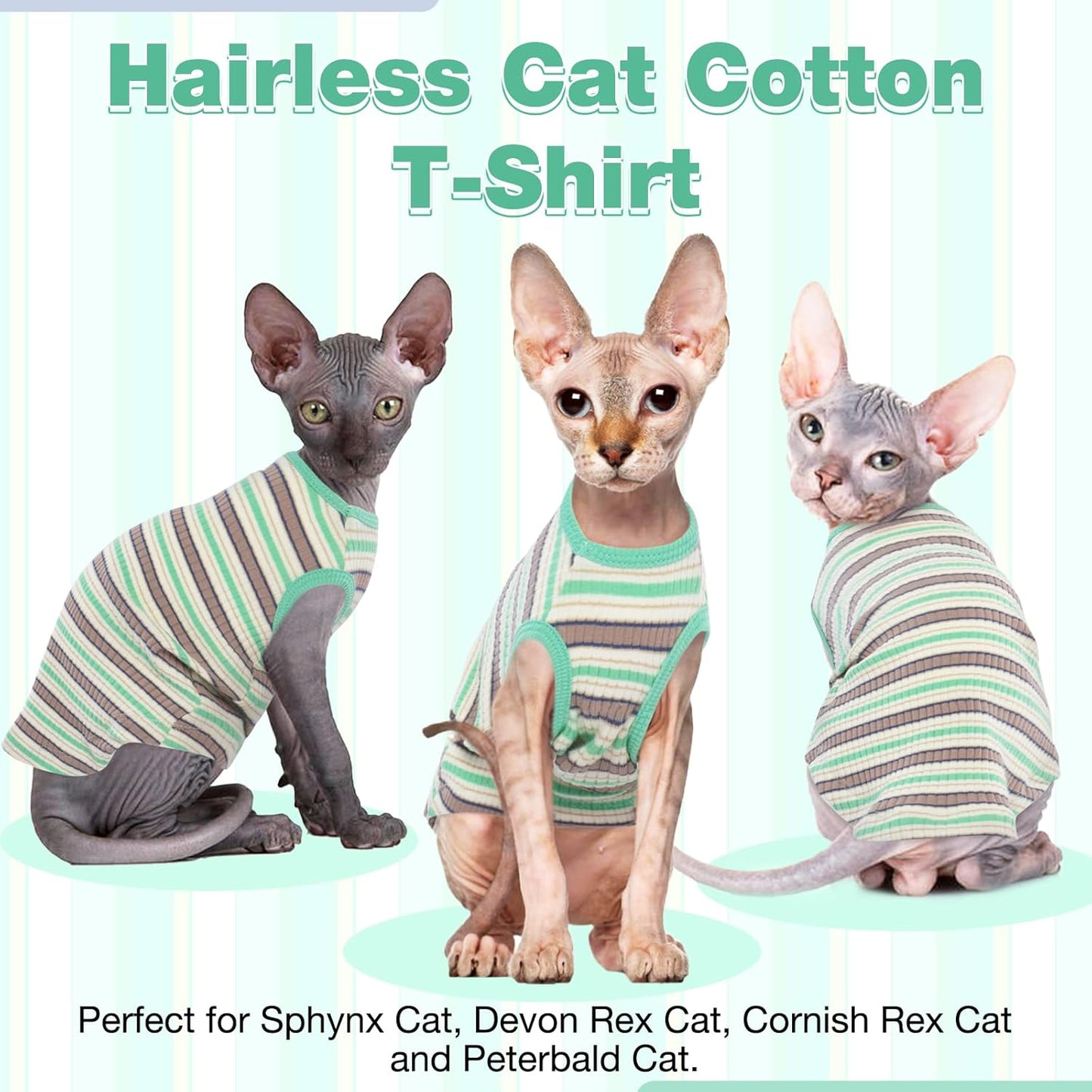 ROZKITCH Sphynx Cat Clothes, Soft Hairless Cat Shirt Stretchy Cat Sweater, Pullover Stripe Cat Pajamas, Cat Vest for Cornish Rex, Devon Rex, Peterbald Kitten Puppy Small Dog All Seasons Green M