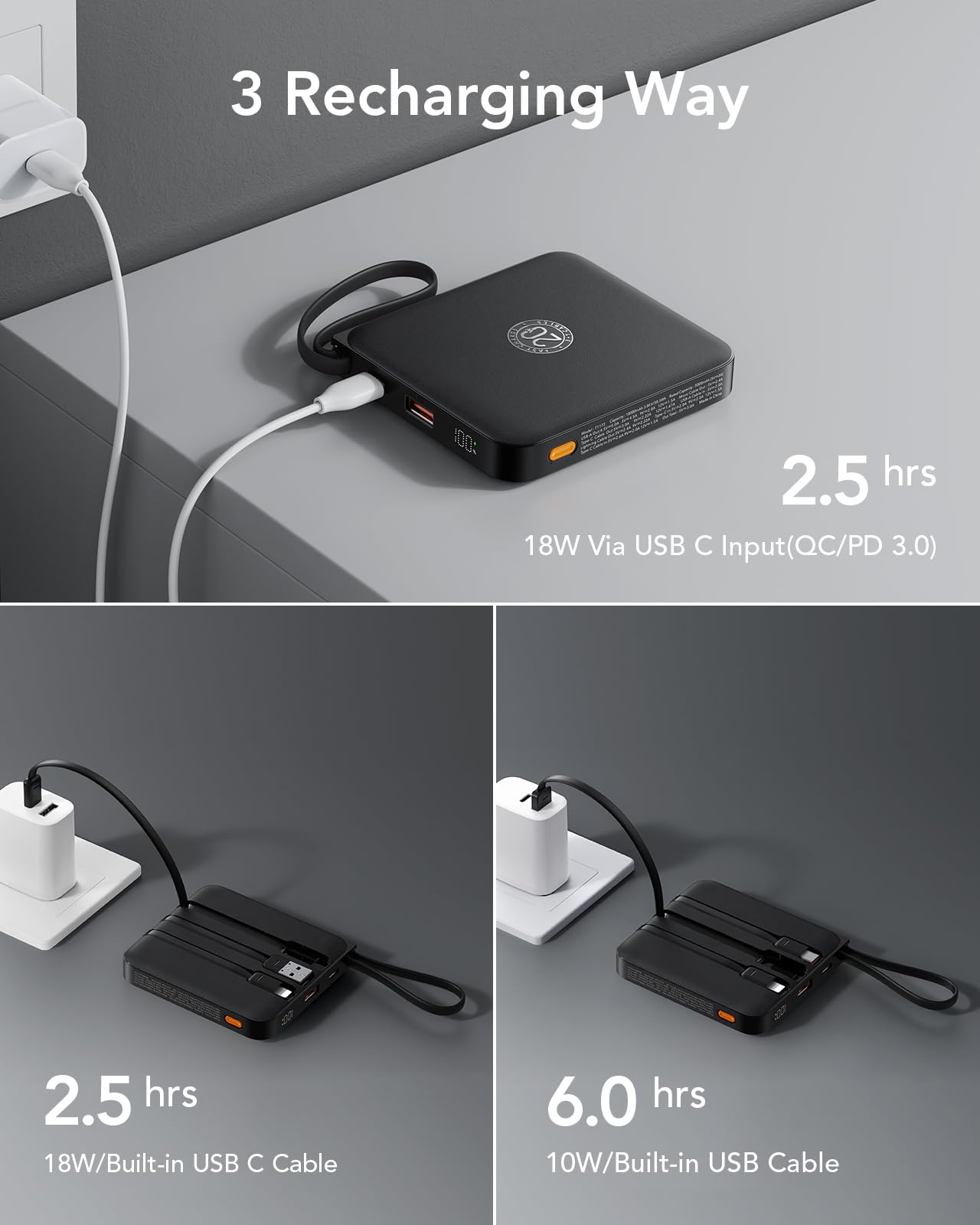 VRURC Portable Charger with Built-in Cable, 10000mAh 22.5W Fast Charging USB C Battery Pack, Cell Phone Power Bank for iPhone 17 16 15 Samsung Galaxy S25 S24 S23 Series Android Tablet, Black(1 Pack)
