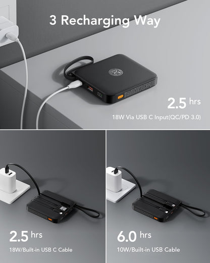 VRURC Portable Charger with Built-in Cable, 10000mAh 22.5W Fast Charging USB C Battery Pack, Cell Phone Power Bank for iPhone 17 16 15 Samsung Galaxy S25 S24 S23 Series Android Tablet, Black(1 Pack)
