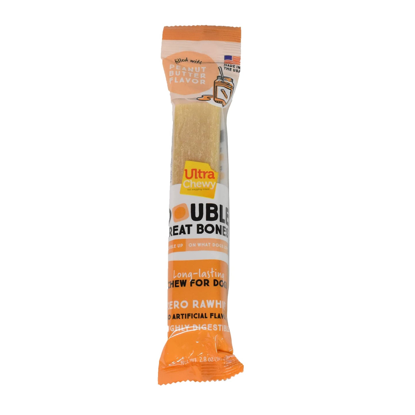 Ultra Chewy Peanut Butter Double Treat Bones: Long-Lasting Dog Treats Made in USA for Large and Small Breeds, Highly Digestible, Ideal for Aggressive Chewers (12 Count)