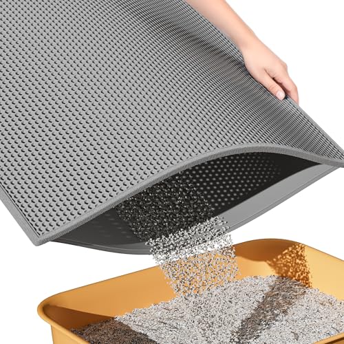 ESTHELLO Cat Litter Mat, Cat Litter Trapping Mat, Honeycomb Double Layer Design, Easy to Clean,Washable (24'' x 15'' Gray