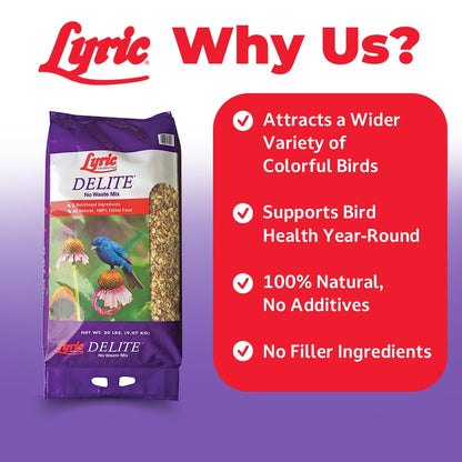 Lyric Delite Wild Bird Seed for Outside Feeders - No Waste Bird Food, Shell-Free Nuts & Seeds Mix, Attracts Buntings, Chickadees & Finches, 20 lb Bag