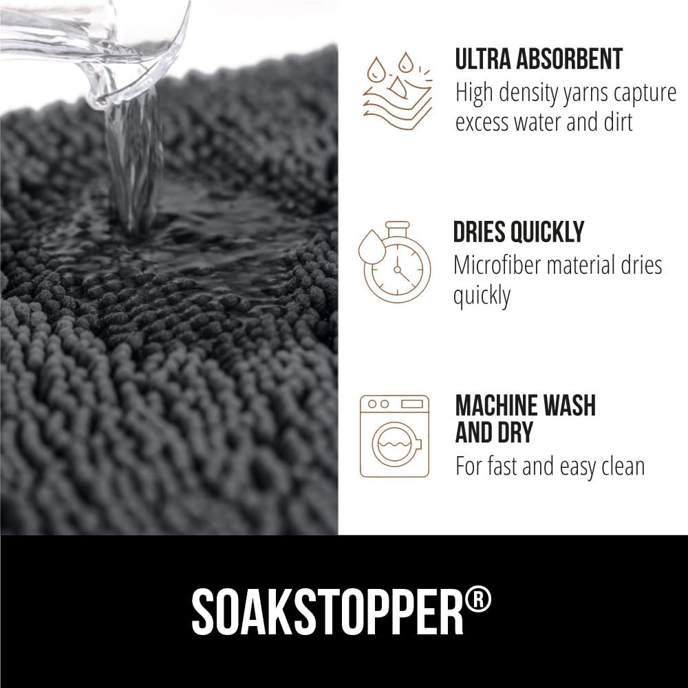 GORILLA GRIP SoakSTOPPER Dog Door Mat, 60x36 Machine Washable Rug Absorbent Doormat Captures Moisture Mud Dirt, Quick Dry Soft Chenille Entryway Rugs Indoor Entrance Mats for Dog Paws, Charcoal